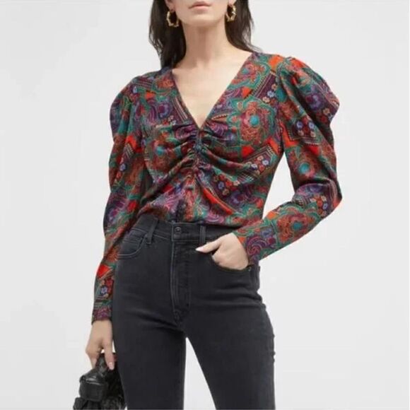 NWT Veronica Beard Simmons Silk-Blend Puff-Sleeve Ruched Blouse Women's 4 - Picture 1 of 7
